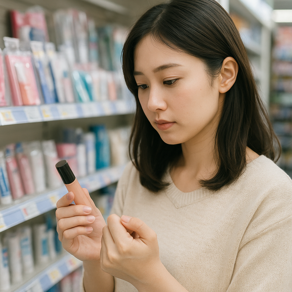 コンビニコスメを手に取ってる女性